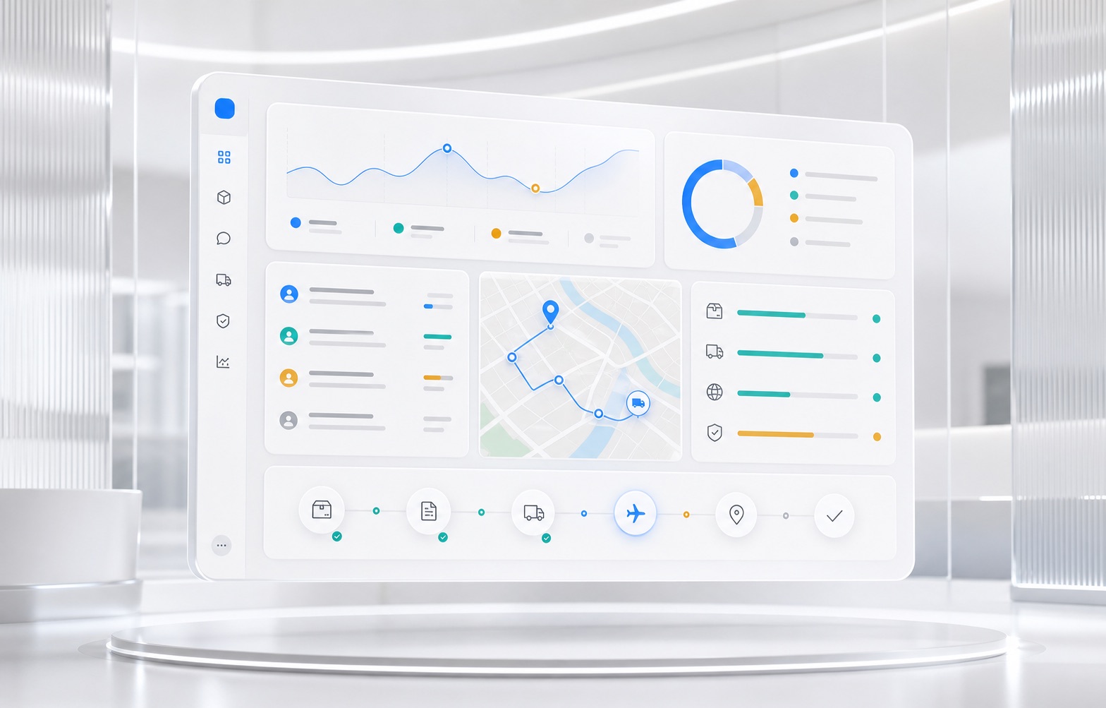 Abstract operations dashboard showing support queues, fulfillment routes, and reliability status.